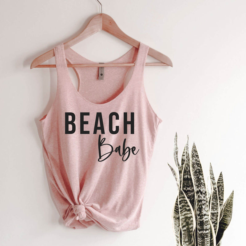 Beach Babe racerback tank in pink with black lettering