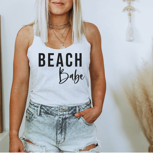 Beach Babe racerback tank in vintage white with black lettering