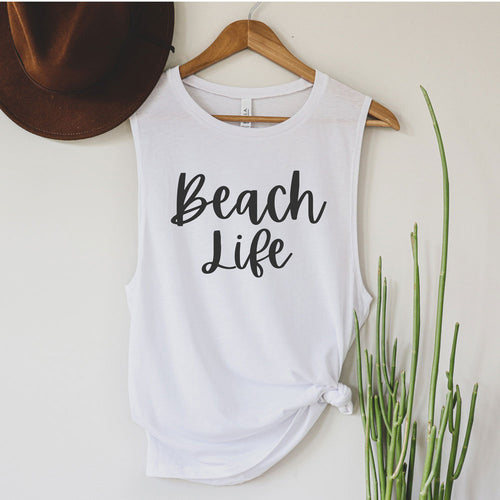 Beach Life White heather muscle tank with white lettering