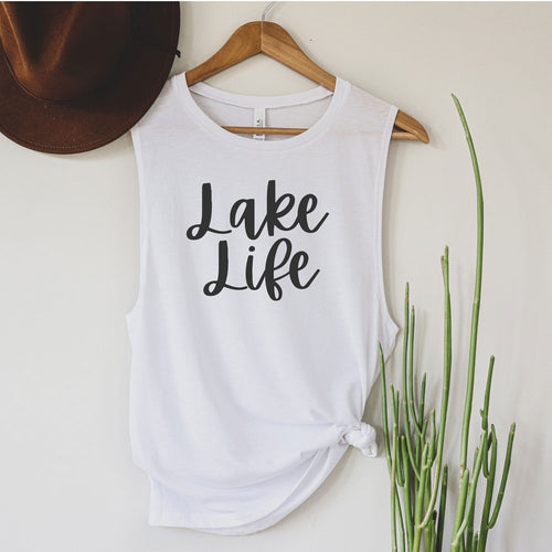 Lake Life in black text on white muscle tank