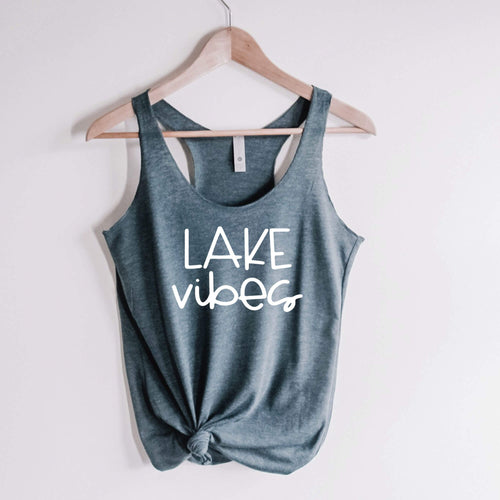 Lake Vibes racerback tank in indigo blue with white lettering