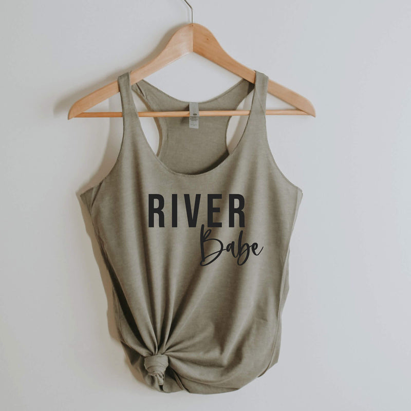 River Babe racerback tank in venetian grey with black lettering