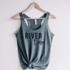 River Babe racerback tank in indigo blue with black lettering