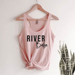 River Babe racerback tank in pink with black lettering