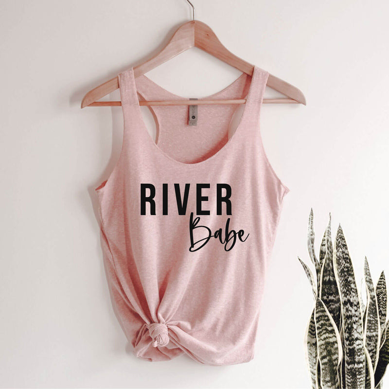 River Babe racerback tank in pink with black lettering