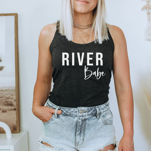 River babe white text vintage black racerback tank