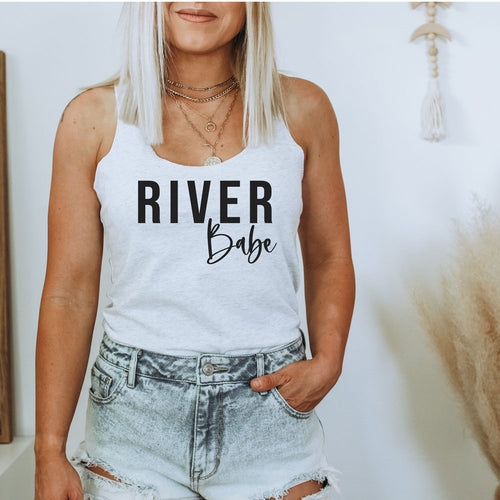 River Babe racerback tank in white with black lettering