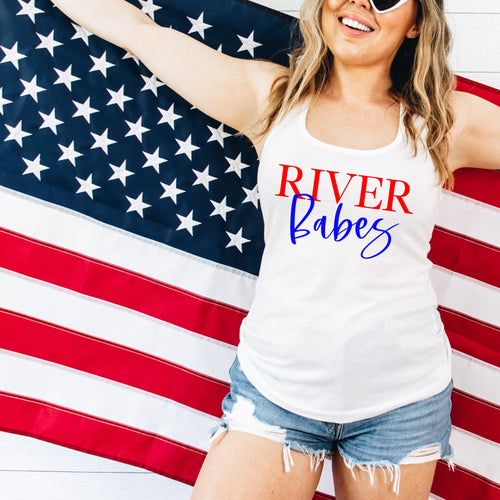 River Babes in red and blue text on white modeled tank in front of US flag