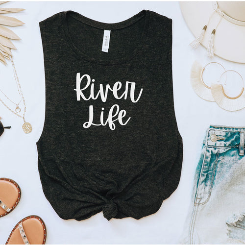 River Life in white text on black muscle tank