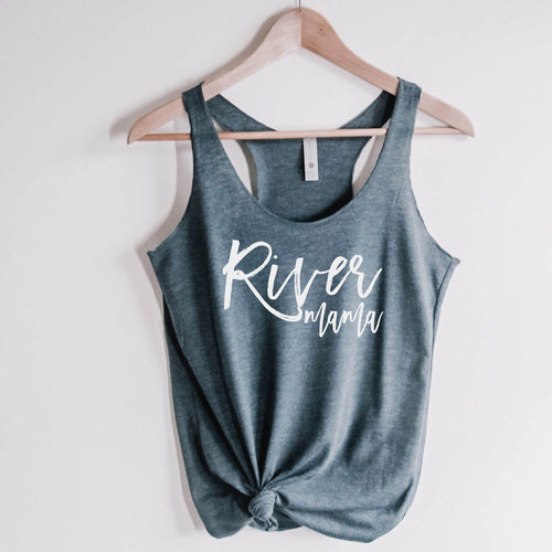 River mama racerback tank in indigo blue with white lettering