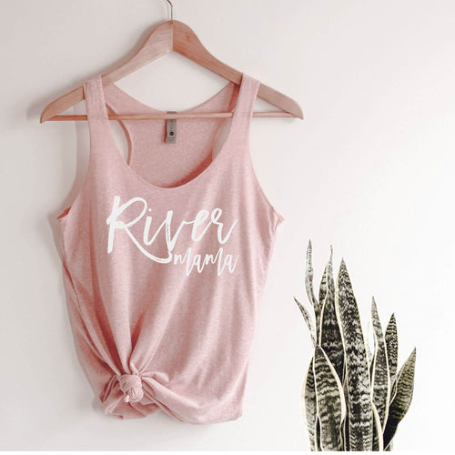 River mama racerback tank in pink with white lettering