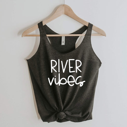 River Vibes racerback tank in vintage black with white lettering