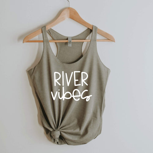 River Vibes racerback tank in venetian grey with white lettering