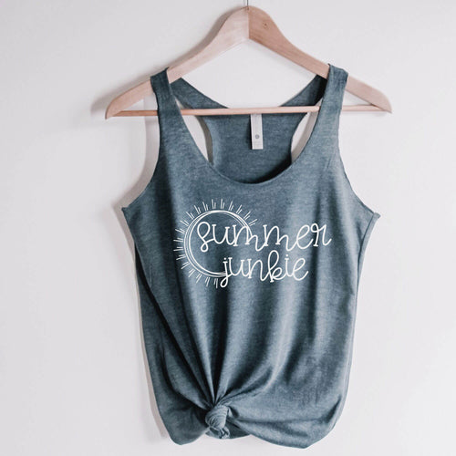 Summer Junkie racerback tank in indigo blue with sun white lettering