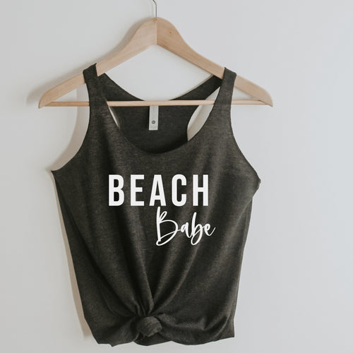 Beach Babe racerback tank in vintage black with white lettering